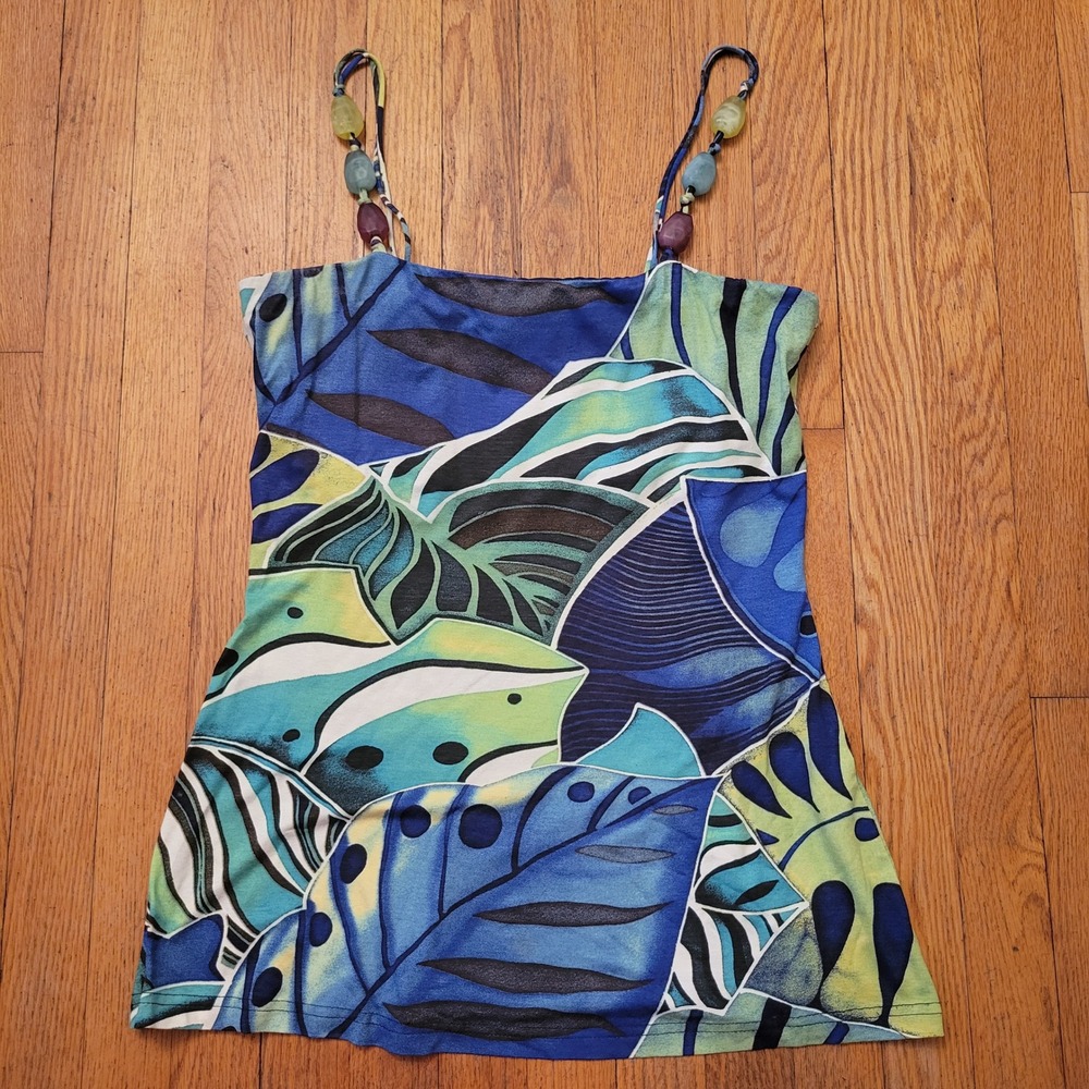 Joseph Ribkoff 10 Tank Top Blue Green Tropical Leaf Beaded Strap Summer Beach
